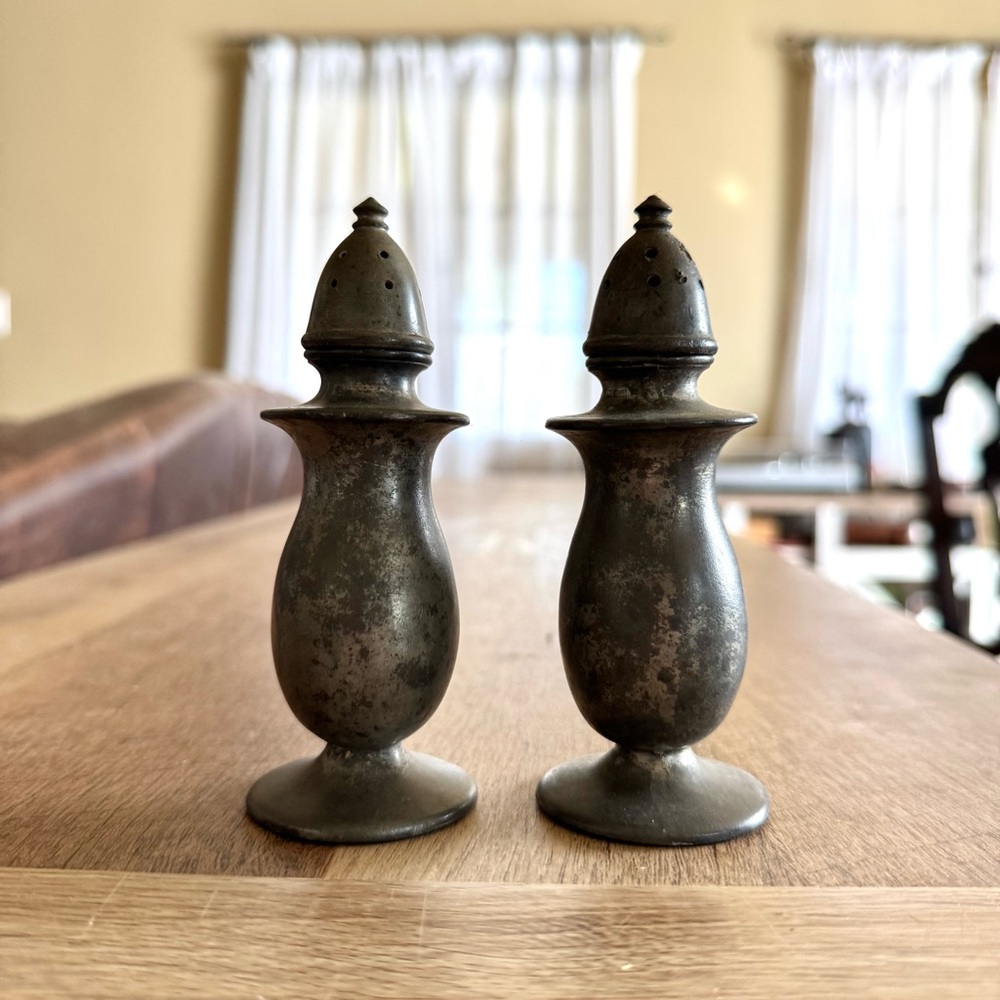 Antique Pewter Salt & Pepper Shakers Silver Metal Stamped